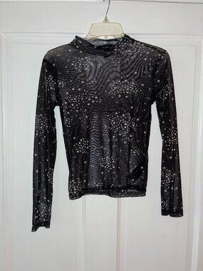New Look Black Sheer Star Mesh Long Sleeve Top Size 8